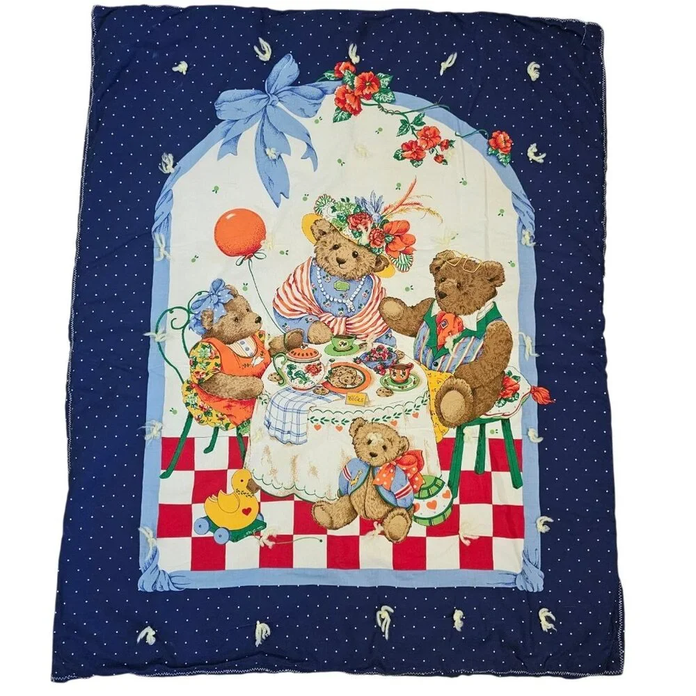 VTG 90s Teddy Bear Baby Quilt Blanket Family Tea Party Blue